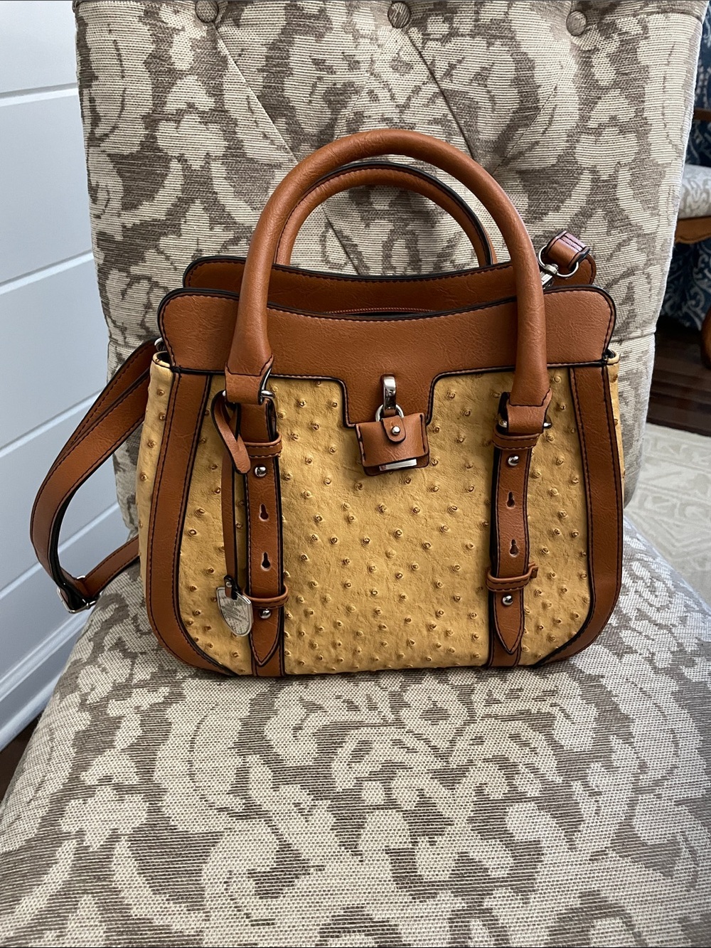 London Fog Flax Ostrich Satchel Handbag (used once)
